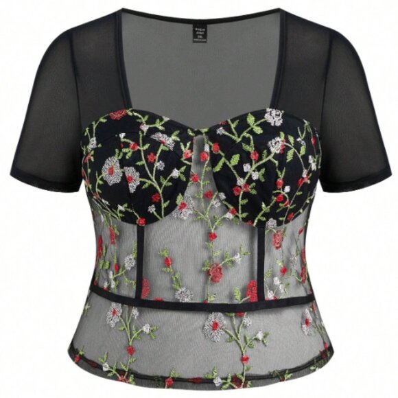 Shein Tops - S293 Short Sleeve Black Mesh Sheer Top Size 1XL